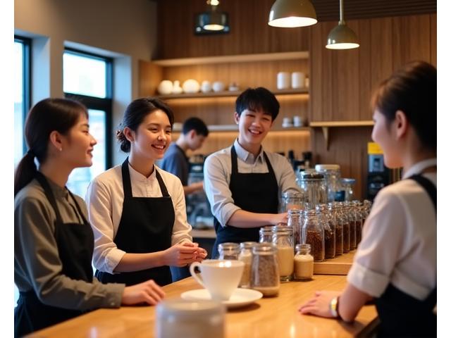 한성 브루 & 블룸 직원들이 함께 웃으며 커피를 만드는 모습