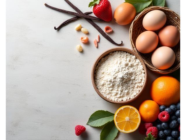 신선한 유기농 재료들: 유기농 밀가루, 계란, 제철 과일