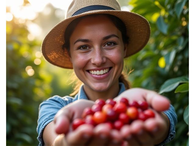 활짝 웃으며 커피 체리를 수확하는 공정무역 커피 농부의 모습