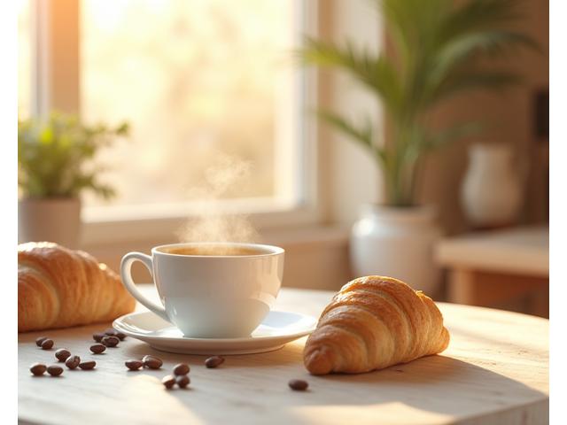 따뜻한 햇살 아래 놓인 모닝 블렌드 커피와 갓 구운 빵