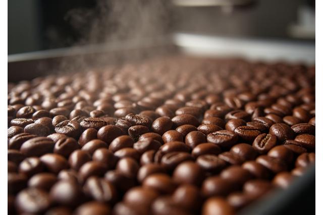 쿨링 트레이에서 식히는 갓 로스팅한 원두