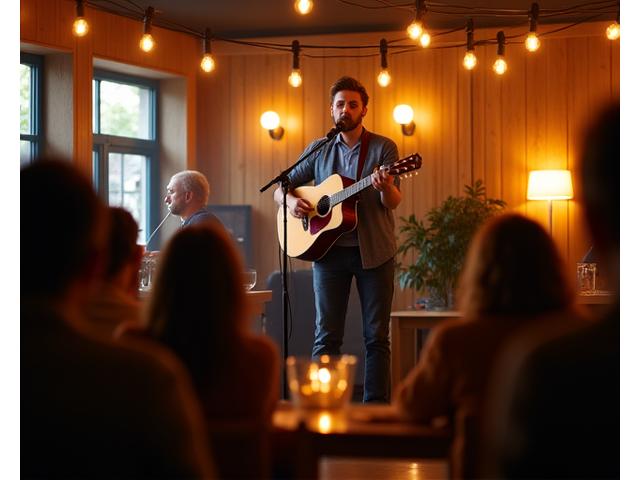 싱어송라이터가 한성 브루 & 블룸 무대에서 어쿠스틱 기타를 연주하며 노래하는 모습