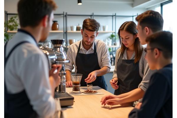 전문 바리스타가 수강생들에게 커피 추출 시연을 하며 설명하고 있는 모습