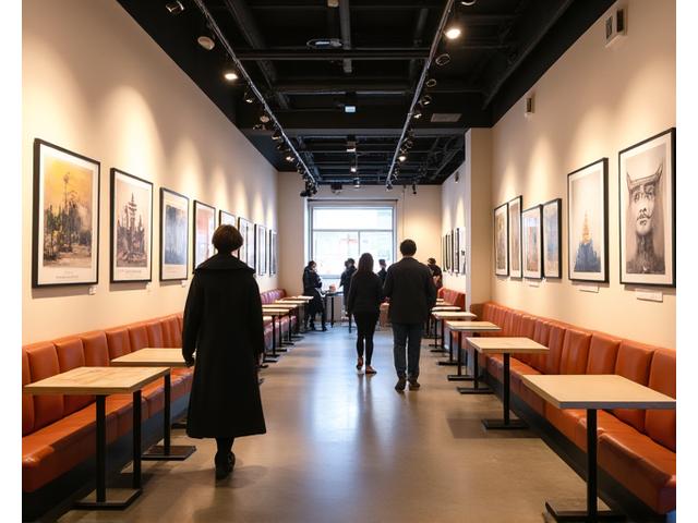 카페 공간에 전시된 지역 예술가의 사진 작품들, 관람객이 작품을 감상하는 모습