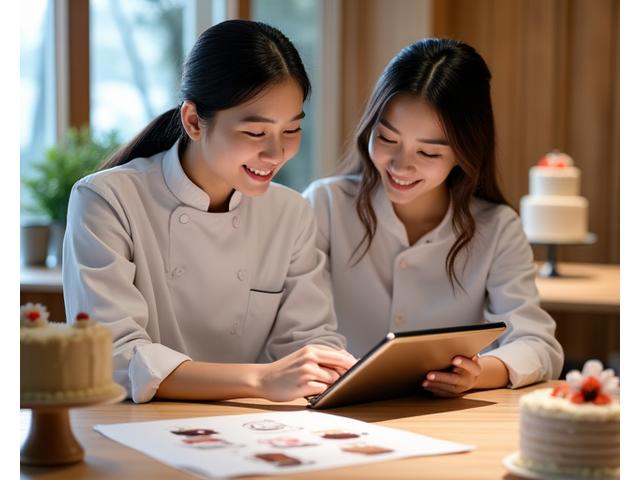파티시에와 고객이 태블릿으로 케이크 디자인을 상담하는 모습