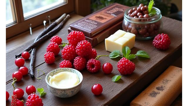 신선하고 고급스러운 케이크 재료들이 먹음직스럽게 놓여있는 모습