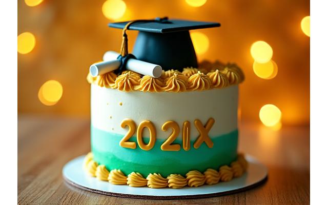 학교 로고와 학과 상징이 포함된 졸업 축하 케이크