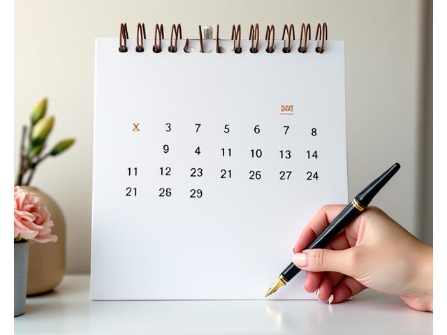 커스텀 케이크 주문 일정을 보여주는 달력과 연필