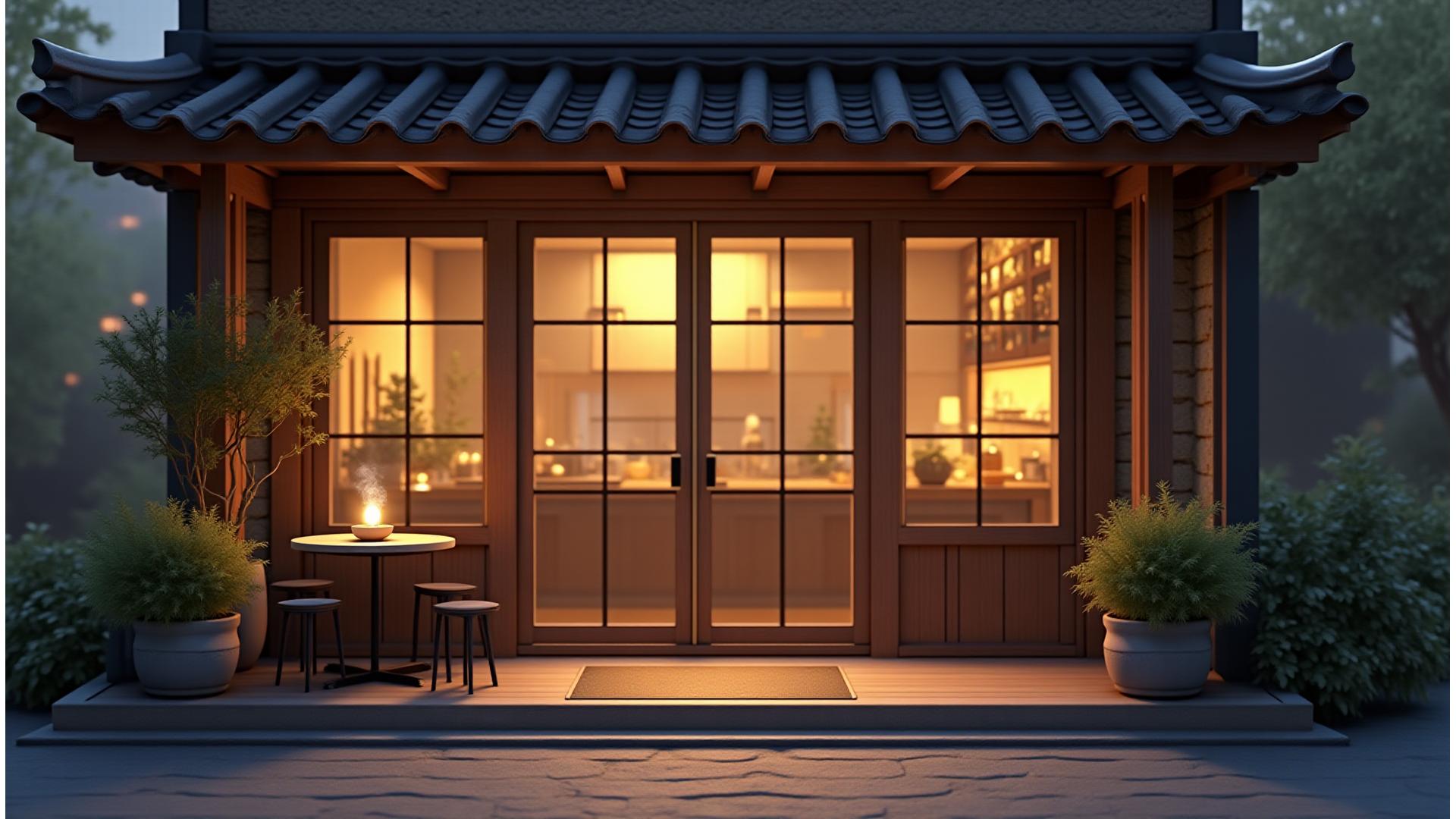 북촌 한옥마을 배경의 한성 브루 & 블룸 카페 전경, 따뜻한 조명과 한적한 분위기