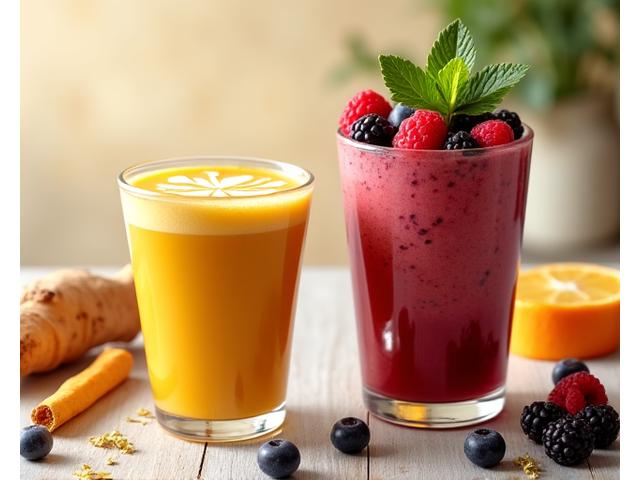 건강한 슈퍼푸드 라떼와 과일 스무디