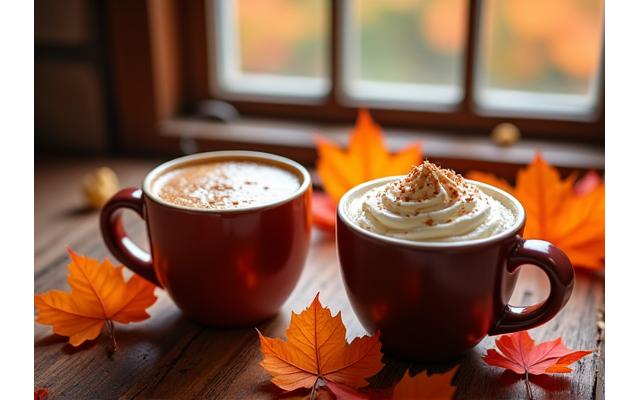 따뜻한 단풍 시나몬 티와 부드러운 호박 스파이스 라떼, 그리고 가을 단풍잎