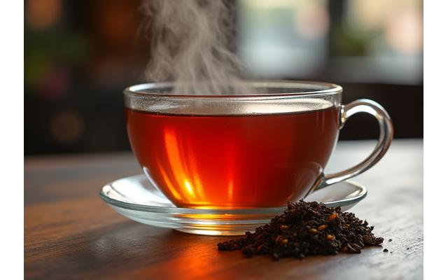세련된 찻잔에 담긴 따뜻한 잉글리시 블랙퍼스트 티와 금빛 찻잎