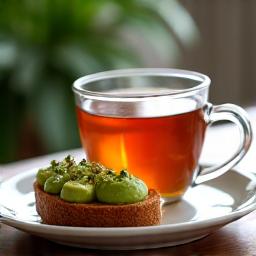 아보카도 토스트와 얼그레이 티가 함께 놓여있는 모습