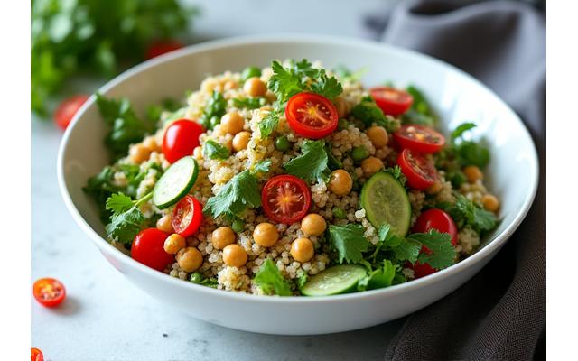신선한 채소, 퀴노아, 구운 닭가슴살이 풍성하게 담긴 샐러드
