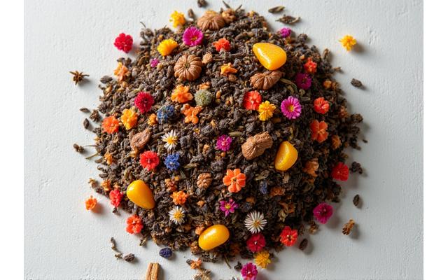 이국적인 향신료와 말린 과일이 섞인 한성 브루 & 블룸만의 시그니처 블렌드 티 잎