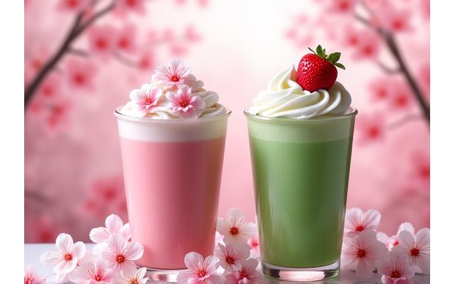활짝 핀 벚꽃이 가득한 배경 위로 벚꽃 라떼와 딸기 그린티 프라페가 예쁘게 놓여있는 모습