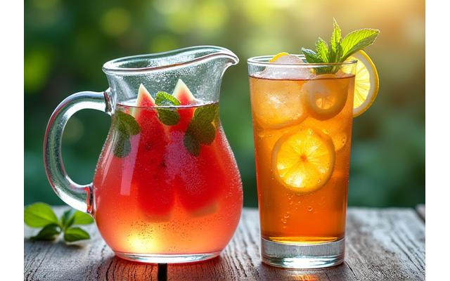 시원한 얼음과 수박 조각, 민트 잎이 들어간 디톡스 워터와 아이스 허브티