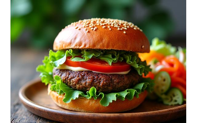 신선한 채소와 비건 소스로 만든 비건 버거와 샐러드