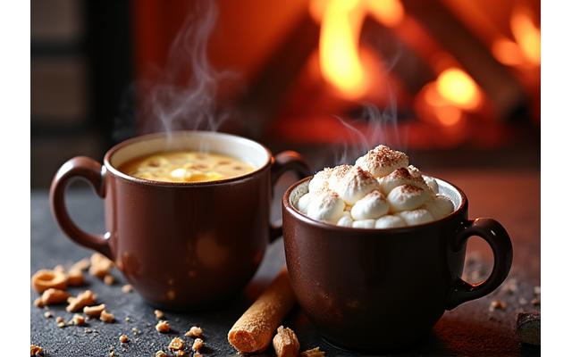 김이 모락모락 나는 따뜻한 생강차와 달콤한 핫 초콜릿 위에 마시멜로가 얹혀있는 모습