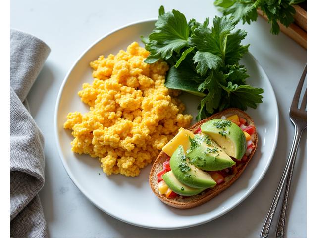 고단백 두부 스크램블과 고소한 비건 치즈가 올라간 건강한 비건 브런치