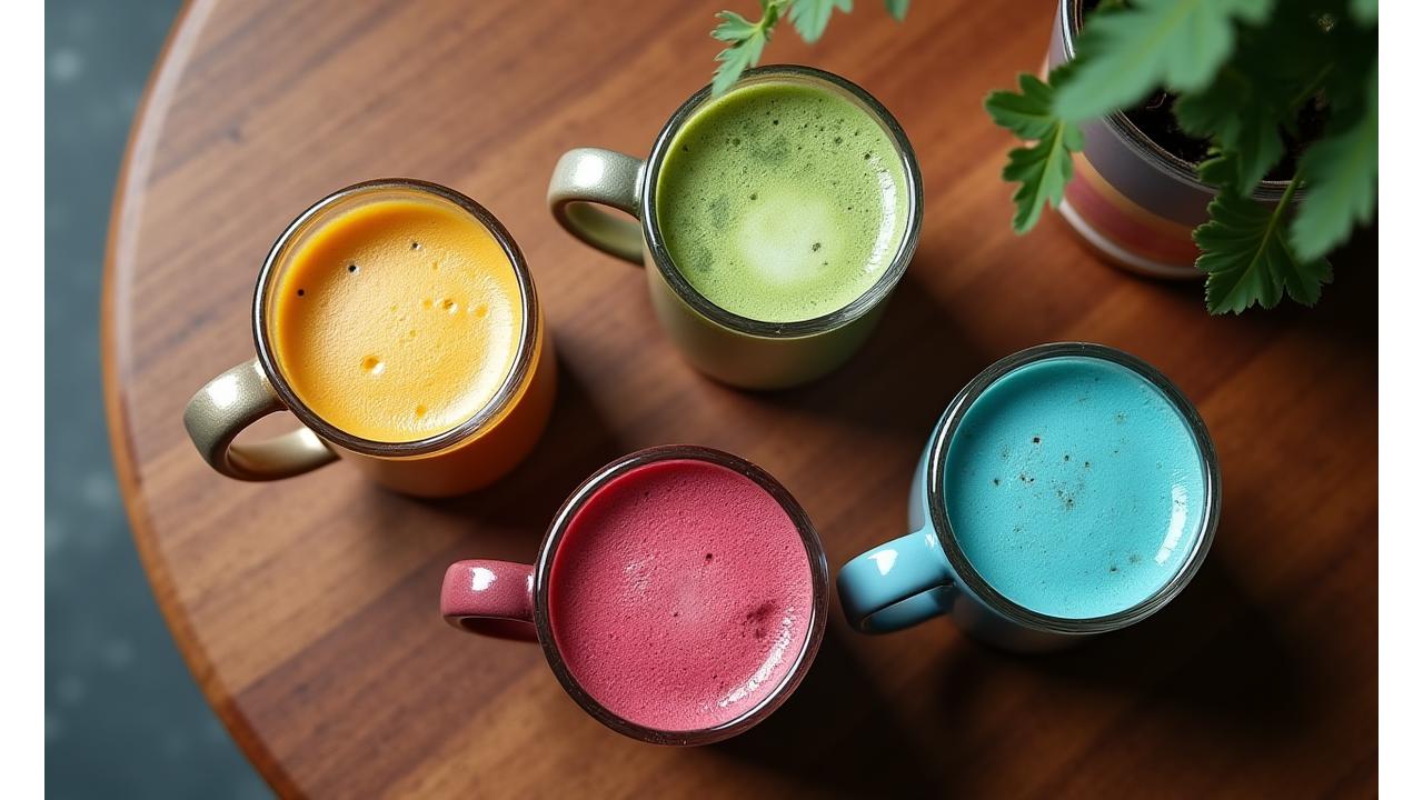 다채로운 색상의 슈퍼푸드 라떼들이 나무 테이블 위에 정갈하게 놓여있는 모습