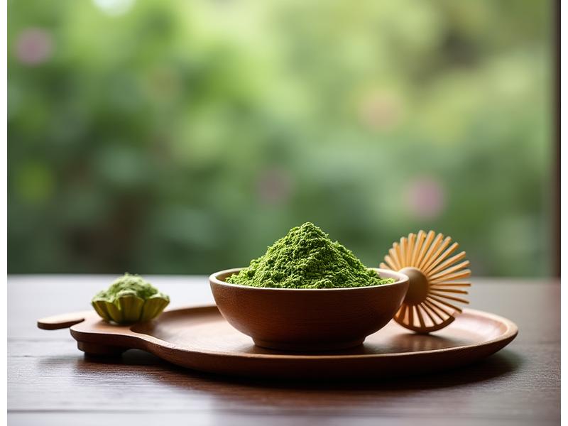 고급스러운 나무 용기에 담긴 일본 우지 마차 파우더